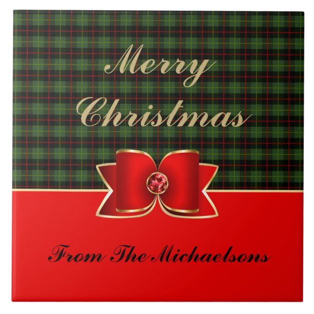 Elegant Plaid and Jeweled Bow with Name Ceramic Tile (Front)