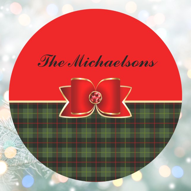 Elegant Plaid and Jeweled Bow with Name Classic Round Sticker (Creator Uploaded)