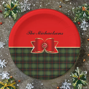 Elegant Plaid and Jeweled Bow with Name Paper Plates