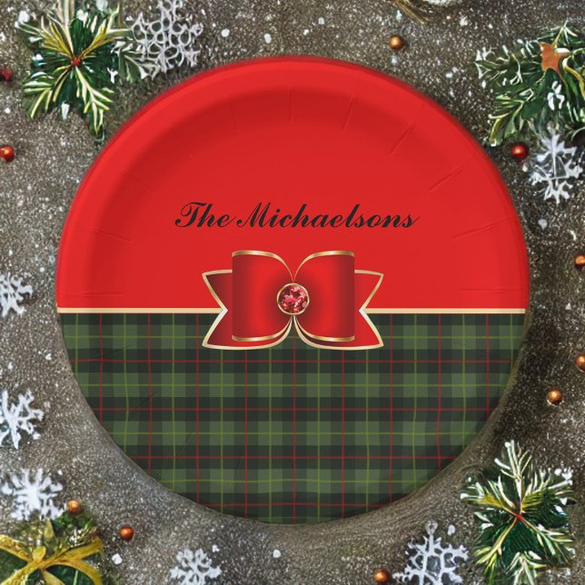 Elegant Plaid and Jeweled Bow with Name Paper Plates (Creator Uploaded)