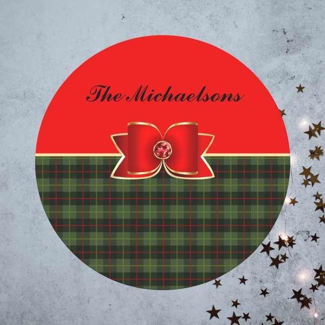 Elegant Plaid and Jeweled Bow with Name Round Paper Coaster (Creator Uploaded)