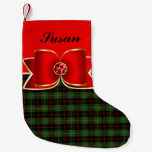 Elegant Plaid and Jeweled Bow with Name Small Christmas Stocking