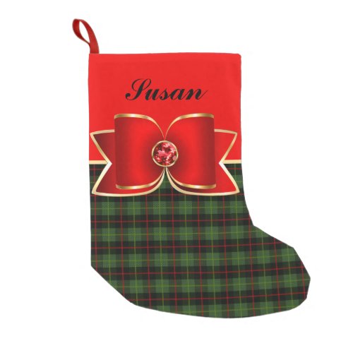 Elegant Plaid and Jeweled Bow with Name Small Christmas Stocking