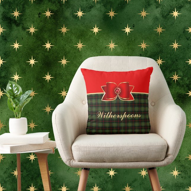 Elegant Plaid and Jeweled Bow with Name Throw Pillow (Creator Uploaded)
