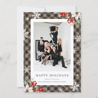 Elegant Plaid Botanical Photo Business Holiday Card