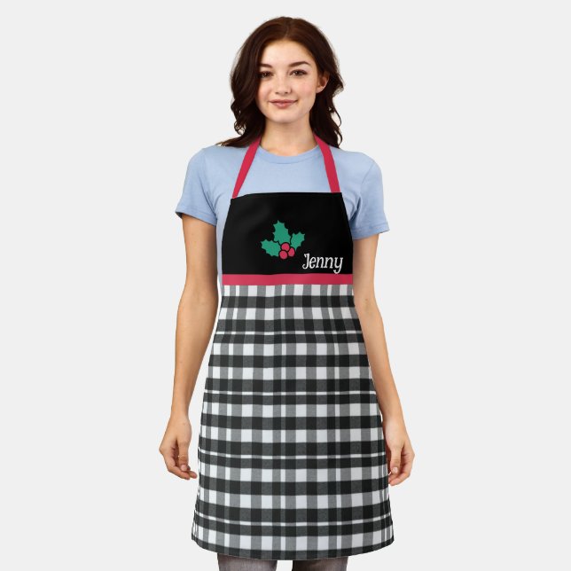 Elegant Plaid Christmas Apron - Black & White Desi (Worn)