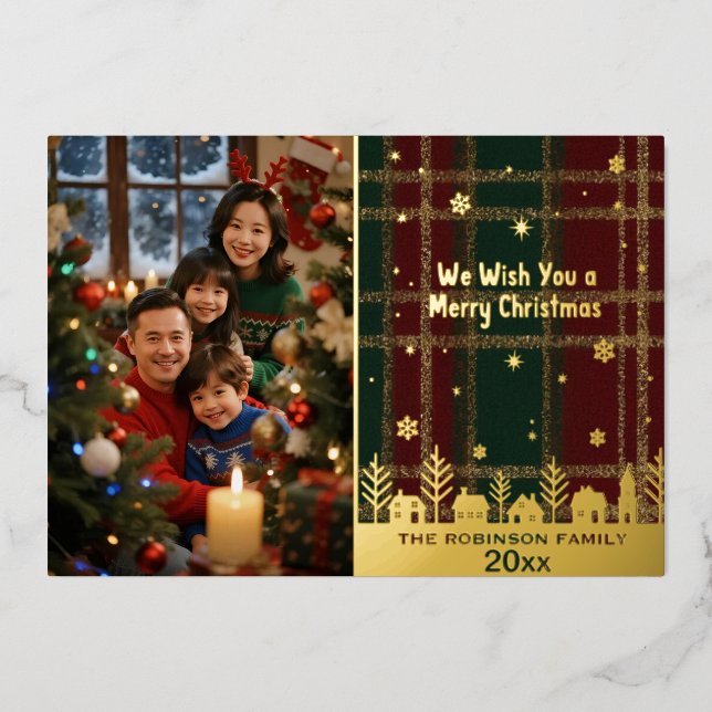 Elegant Plaid Christmas Photo Card with Gold Foil  (Front)