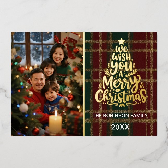 Elegant Plaid Christmas Photo Card with Gold Foil  (Front)