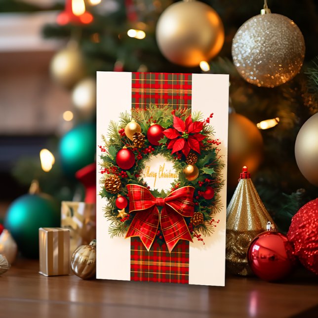 Elegant Plaid Christmas Wreath Holiday Card (Elegant Christmas Wreath Tartan Holiday Greeting Card)