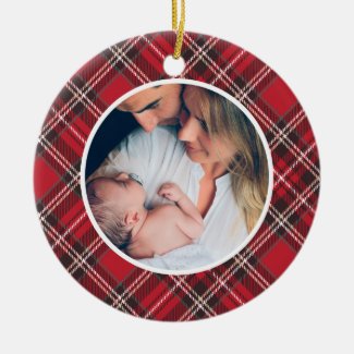 Elegant Plaid Family Photo Happy Holidays Ceramic Ornament