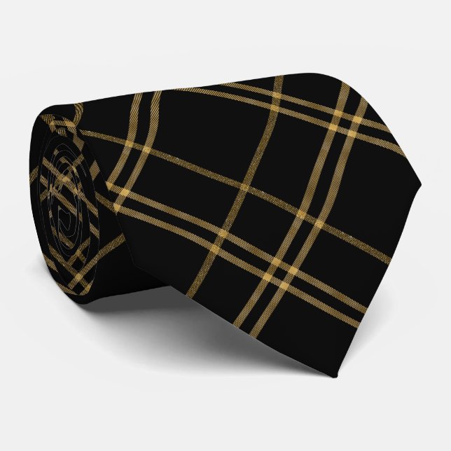  Elegant Plaid Gold and Black Neck Tie (Rolled)