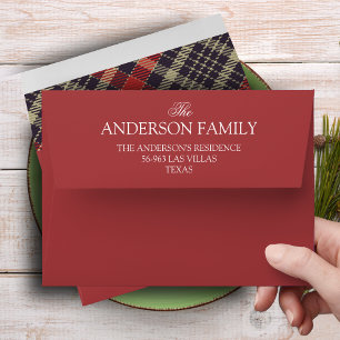 Elegant Plaid Green Family Name Christmas Envelope