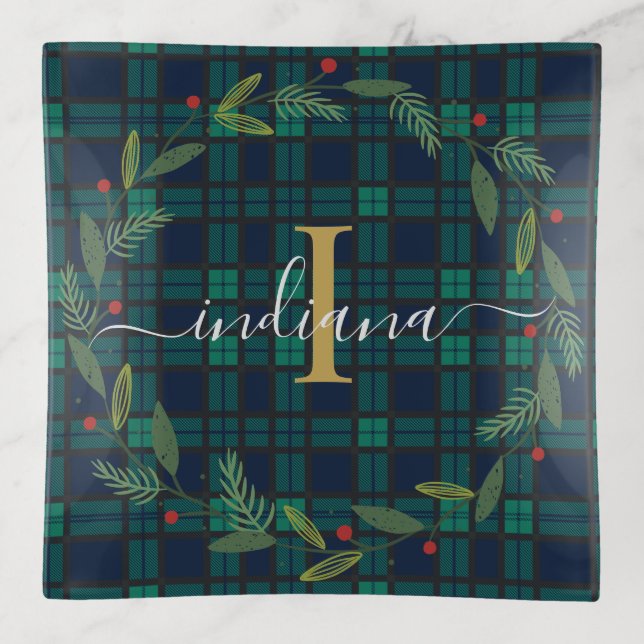 Elegant Plaid Monogram Script Wreath Rustic Tartan Trinket Tray (Front)
