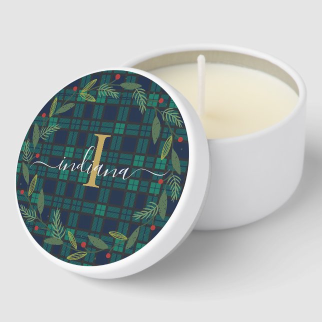 Elegant Plaid Monogram Script Wreath Tartan Paper Mini Candle Favors (Corner)