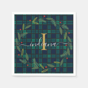 Elegant Plaid Monogram Script Wreath Tartan Paper Napkins