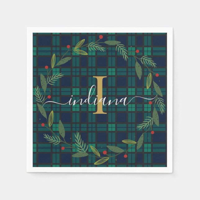 Elegant Plaid Monogram Script Wreath Tartan Paper Napkins (Front)
