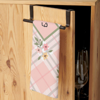 Elegant Plaid Petals Monogram Kitchen Towel