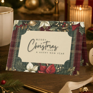 Elegant Plaid & Poinsettia Merry Christmas Card