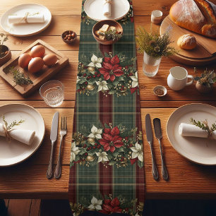 Elegant Plaid Poinsettias Christmas Holiday Short Table Runner