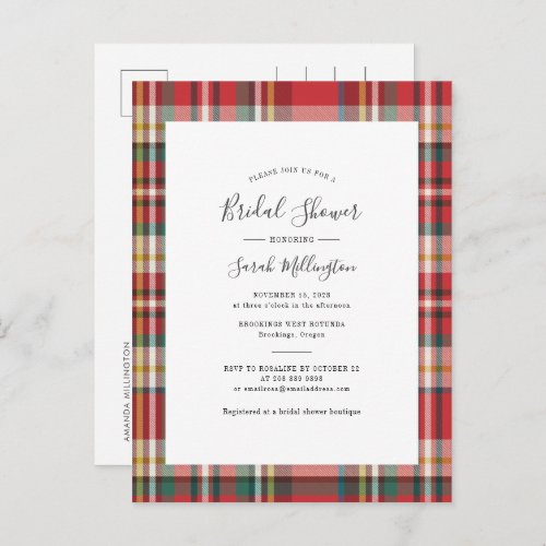 Elegant Plaid Rustic Modern Bridal Shower Invitation Postcard