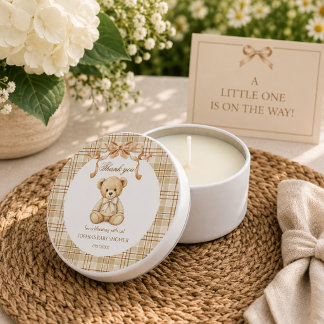 Elegant Plaid Teddy Bear Neutral Baby Showe Mini Candle Favors