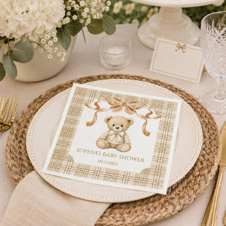 Elegant Plaid Teddy Bear Neutral Baby Showe Napkins