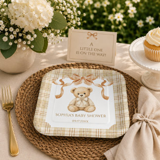 Elegant Plaid Teddy Bear Neutral Baby Showe Paper Plates