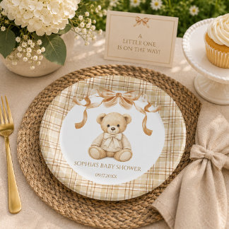 Elegant Plaid Teddy Bear Neutral Baby Showe Paper Plates