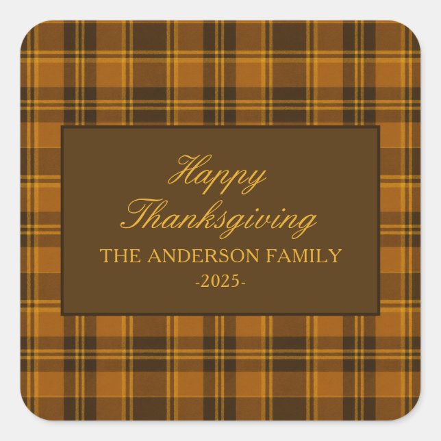 Elegant Plaid Thanksgiving Classic Custom Favor Square Sticker (Front)