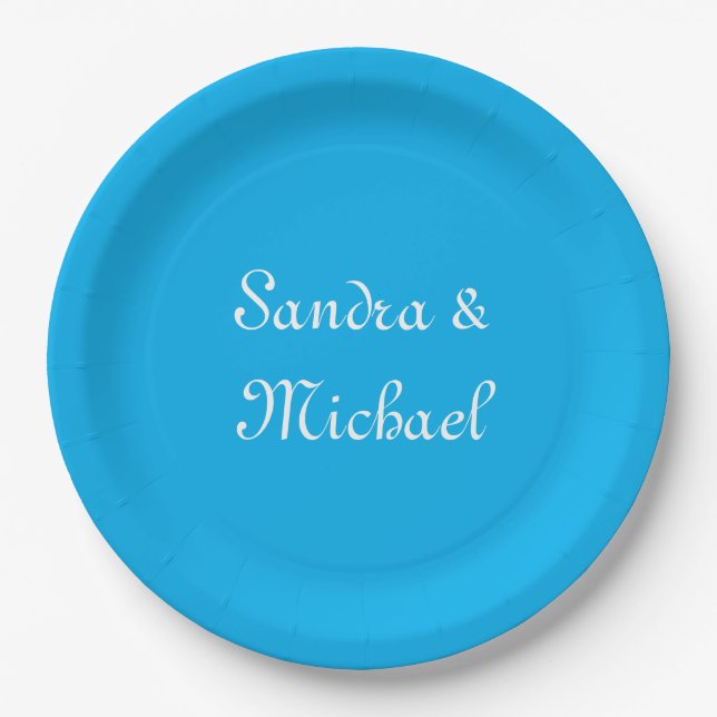 Elegant Plain Azure Blue Personalized Custom Paper Plates (Front)