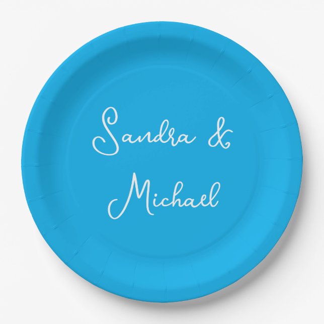 Elegant Plain Azure Blue Personalized Custom Paper Plates (Front)