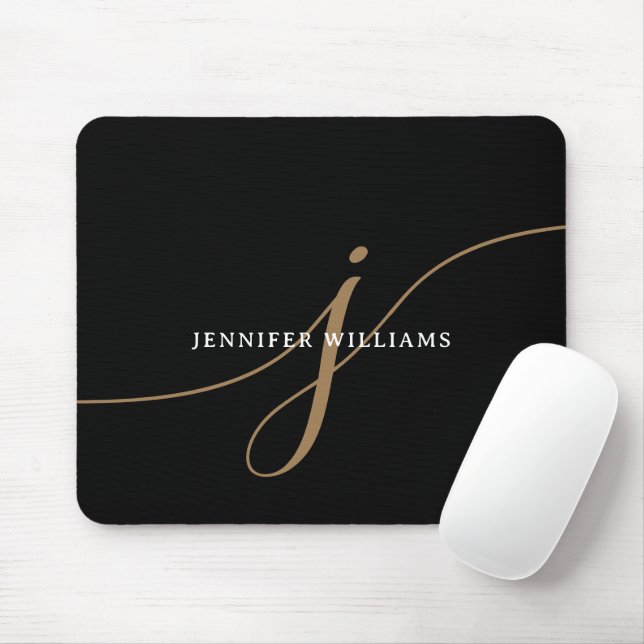Elegant Plain Black and Gold Script Monogram Mouse Pad (With Mouse)