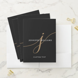Elegant Plain Black and Gold Script Monogram Pocket Folder