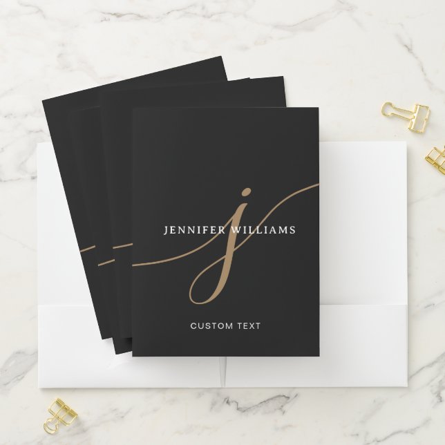 Elegant Plain Black and Gold Script Monogram Pocket Folder (In Situ)