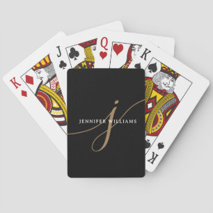 Elegant Plain Black and Gold Script Monogram Poker Cards
