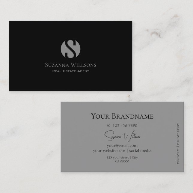 Elegant Plain Black and Gray with Monogram Modern Business Card (Front/Back)