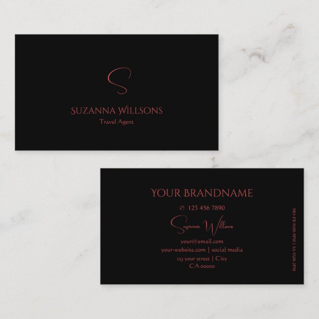 Elegant Plain Black and Red with Monogram Stylish Business Card (Front/Back)