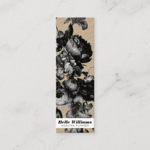 Elegant plain black flowers vintage floral kraft mini business card