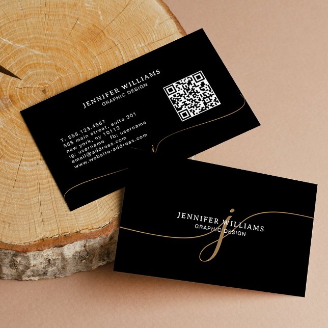 Elegant Plain Black Gold Script Monogram QR Code Business Card (Creator Uploaded)