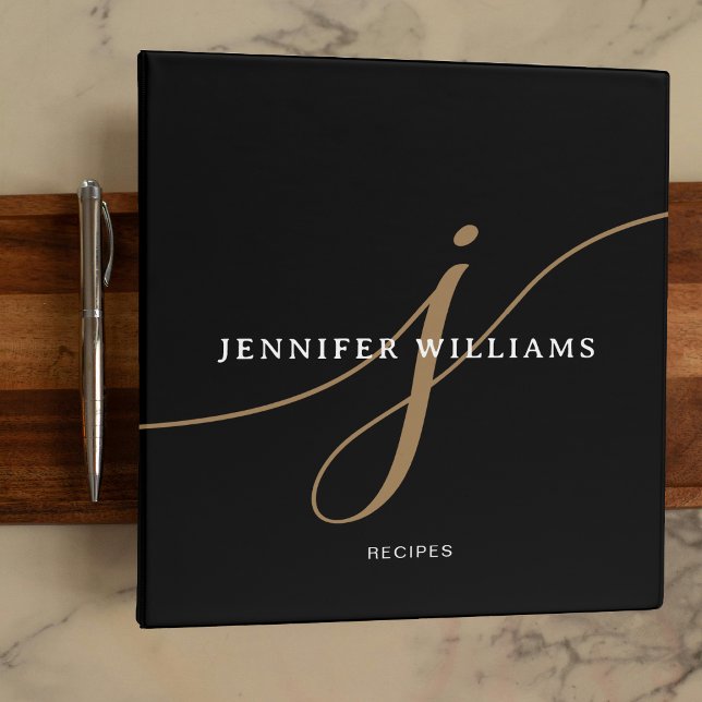 Elegant Plain Black Gold Script Monogram Recipe 3 Ring Binder (Creator Uploaded)