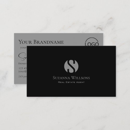 Elegant Plain Black Gray with Monogram and Logo Business Card
