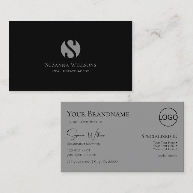 Elegant Plain Black Gray with Monogram and Logo Business Card (Front/Back)