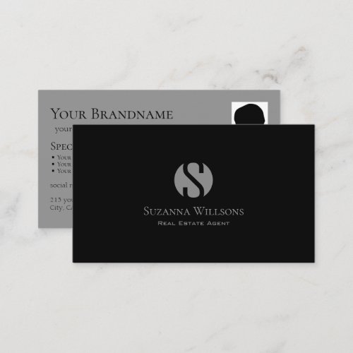 Elegant Plain Black Gray with Monogram and Photo Business Card