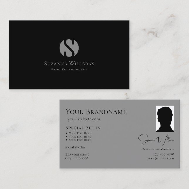 Elegant Plain Black Gray with Monogram and Photo Business Card (Front/Back)