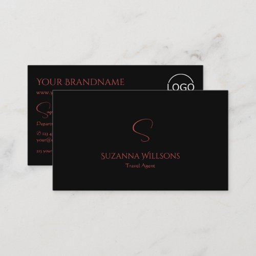 Elegant Plain Black Red with Monogram and Logo Business Card