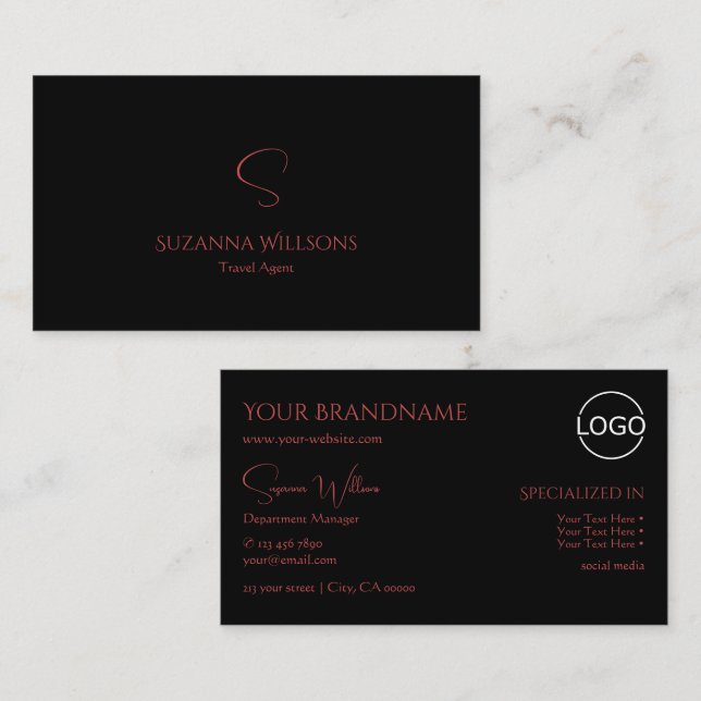 Elegant Plain Black Red with Monogram and Logo Business Card (Front/Back)