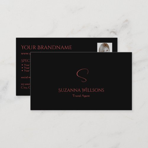 Elegant Plain Black Red with Monogram and Photo Business Card