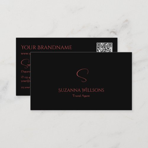 Elegant Plain Black Red with Monogram and QR_Code Business Card