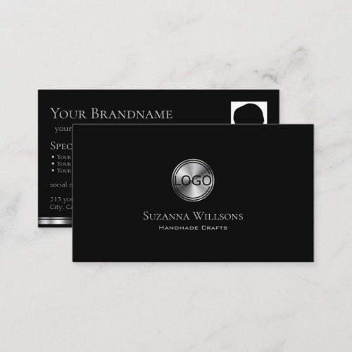 Elegant Plain Black Silver with Logo and Photo Business Card