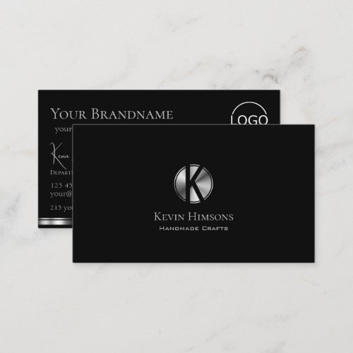 Elegant Plain Black Silver with Monogram and Logo Business Card